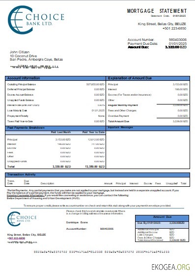 Belize Choice Bank relevé hypothécaire scr